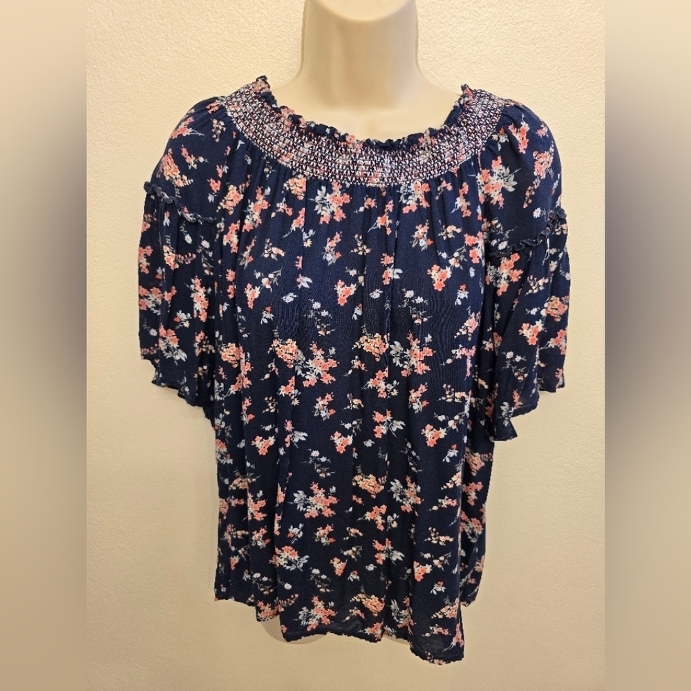 GAP Navy Blue Floral Smocked Neck Blouse